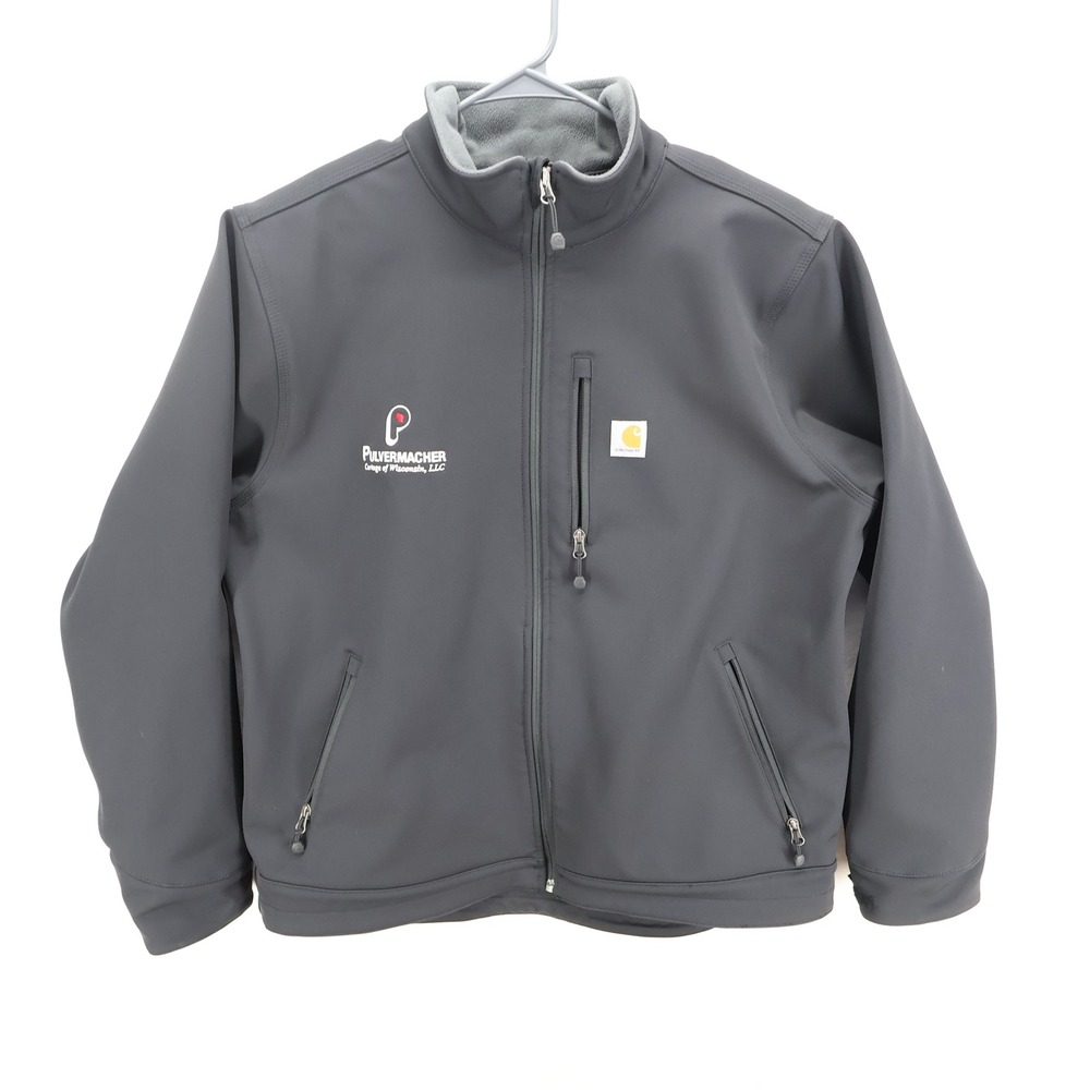 Carhartt 100146 Mens XL Black Softshell Jacket Fleece Lined Pulvermacher Logo